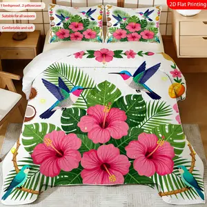3pcs, 2D flat print Tropical Floral Hummingbird bed cover set, multiple sizes available, bedding set, festive decorative bedding, ideal for bedroom décor(1 bedspread , 2 pillowcase)