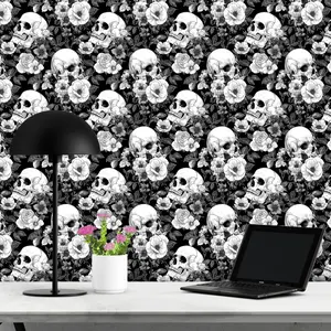 Gothic Skull Floral Wallpaper Roll, Waterproof Self-Adhesive Removable Wall Paper for Home Decor, Living Room Bedroom Halloween Decoration