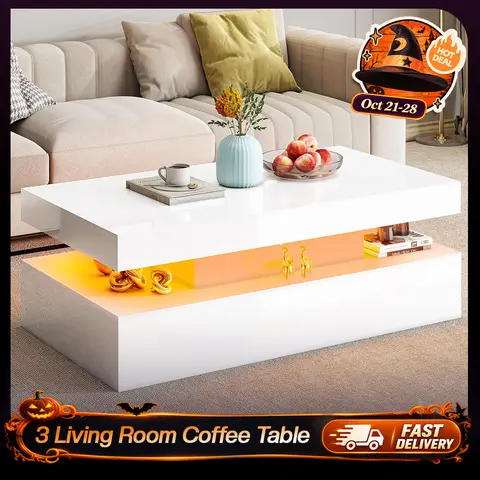 VanAcc High Gloss Coffee Table, Modern 2-Tier Center Table with LED Lights, Open Storage Space, 40in Simple Rectangular Sofa Side Table for Living Room, Office  #TikTokShopBlackFriday #TikTokShopBlackFriday #Chrismas decor