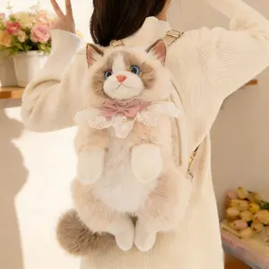 Kawaii Realistic Plush Cat Backpack with Bow & Lace Collar | Soft Furry Animal Bag for Women | Fashionable & Cute for Parties, Daily Outings & Gifting