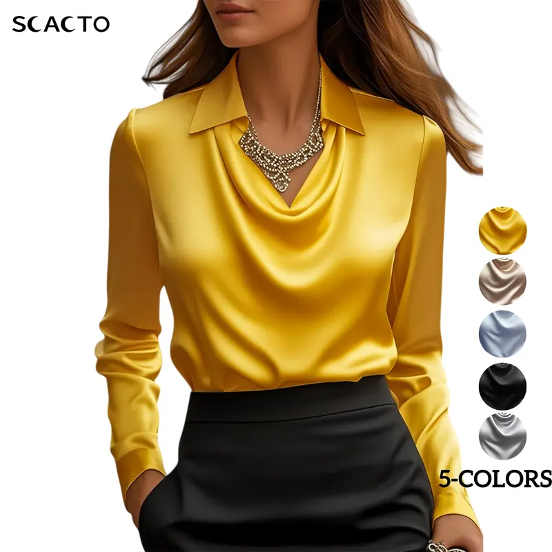 Scacto Women's Elegant Solid Satin Cowl Neck Long Sleeve Draped Shirts & Blouses Fitted Office Tops for Autumn XS-3XL Basic Womenswear - Black
