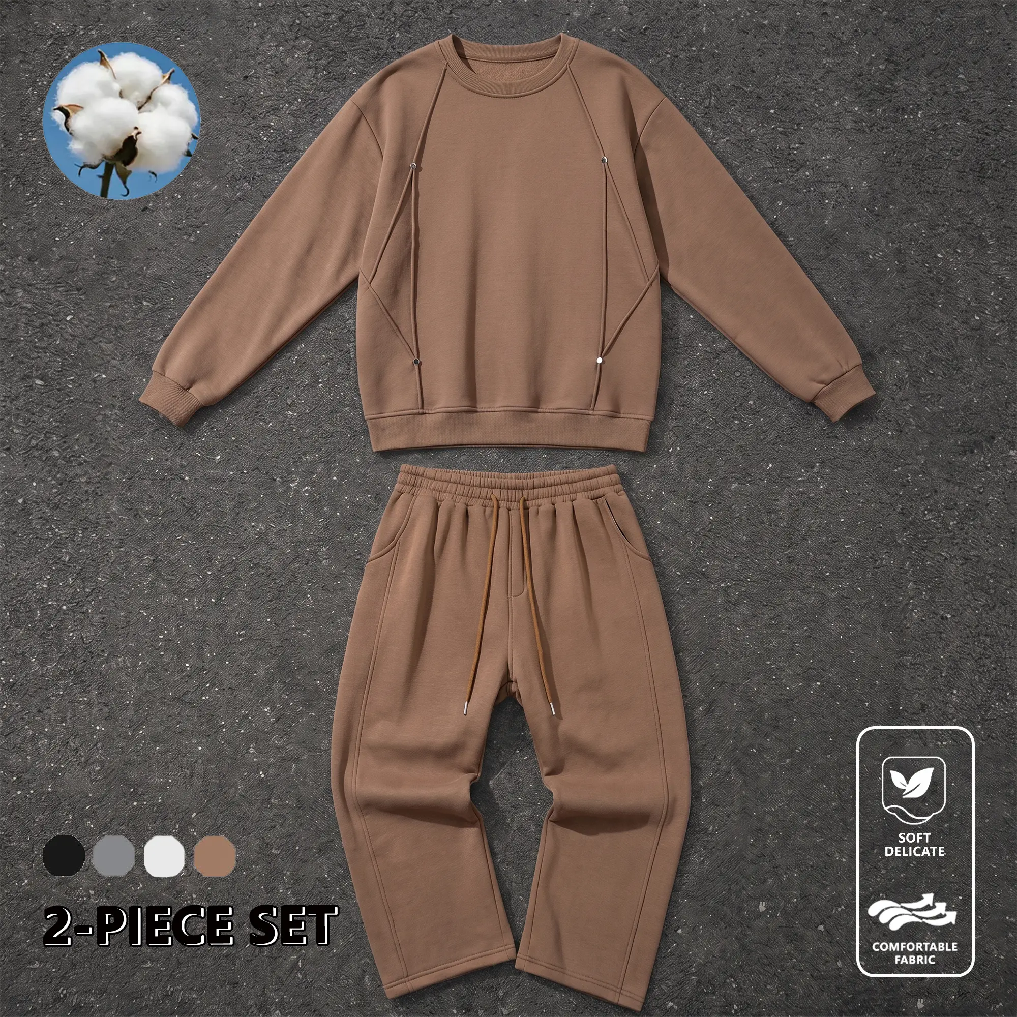 EKF American vintage men’s cotton two-piece set, studded crewneck sweatshirt + loose drawstring wide-leg sweatpants, versatile streetwear loungewear for spring and autumn