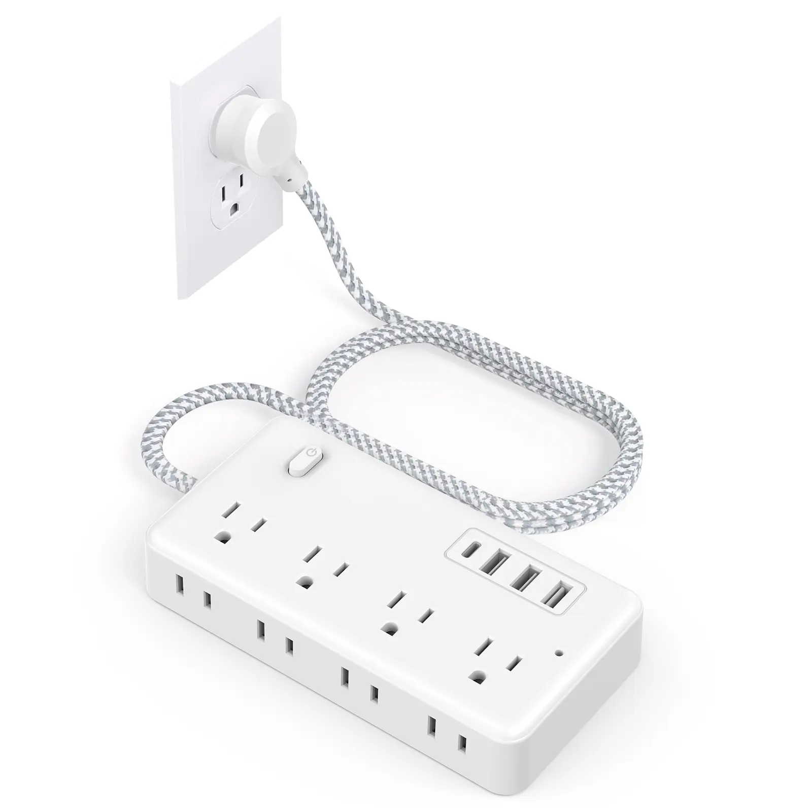 Surge Protector Flat Extension Cord Flat Plug Power Strip, 8 AC Outlets, 4 USB Charger(1 USB C Port) 3-Sided Outlet Extender, 5Ft Braided Extension Cord Charging Station,  Office Supplies, Dorm Room Essentials