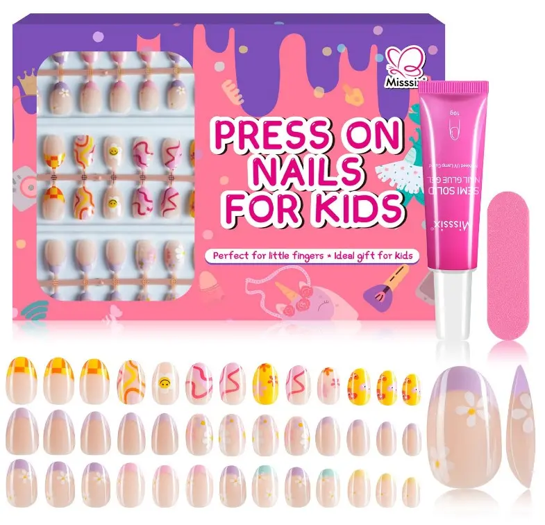 Misssix 78 Pcs Press on Nails for Kids, 3 Pack Kid Fake Nail Kit Cute Press on Nails, Old Colorful Flower Glue On Nails Stick On Nails for Girls 8-12 Years