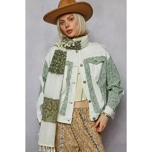 POL Button Down Patchwork Denim Jacket with Floral Print Details