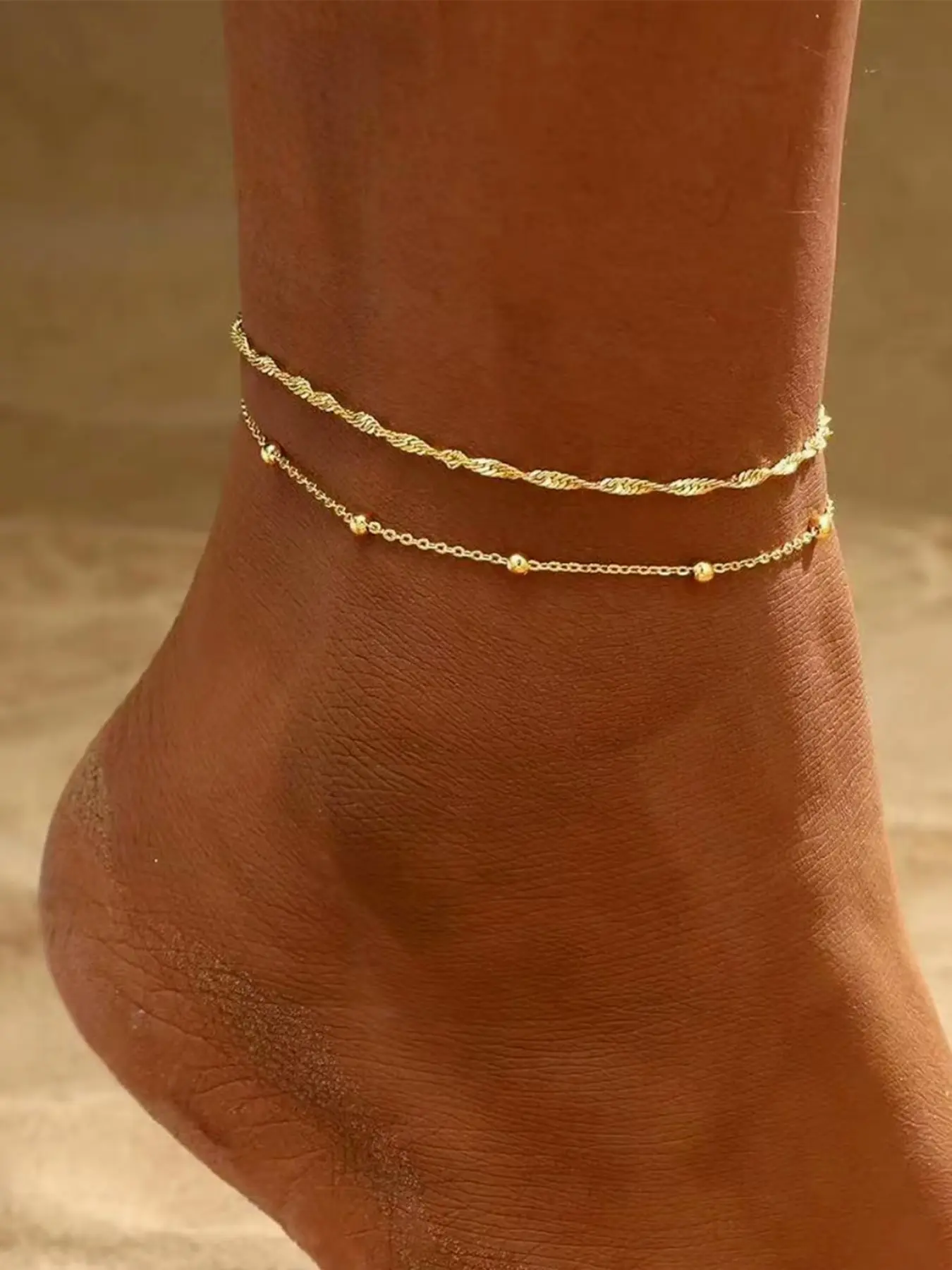 2 Pcs Women's Ankle Chains, Waterproof Cuban Chain Anklets, Stackable Beaded Bracelet, 14k Gold Plated, Custom Jewelry Gift, Ankle Bracelets