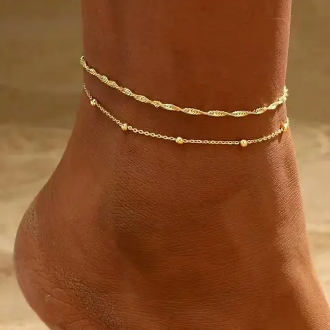 2 Pcs Women's Ankle Chains, Waterproof Cuban Chain Anklets, Ankle Bracelets, Stackable Beaded Bracelet, 14k Gold Plated, Custom Jewelry Gift