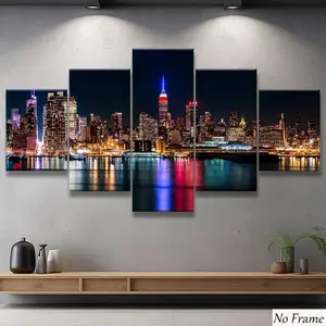 5 Piece Set, Night City Skyline Poster Print, Modern Living Room Decor, Waterproof Wall Art, Suitable for Bedroom, Office, Hallway