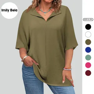 Imily Bela【XL-5XL】Womens Plus Size Tops Short Sleeve V Neck Tee Blouse Summer Loose Fit Casual Tunic Top