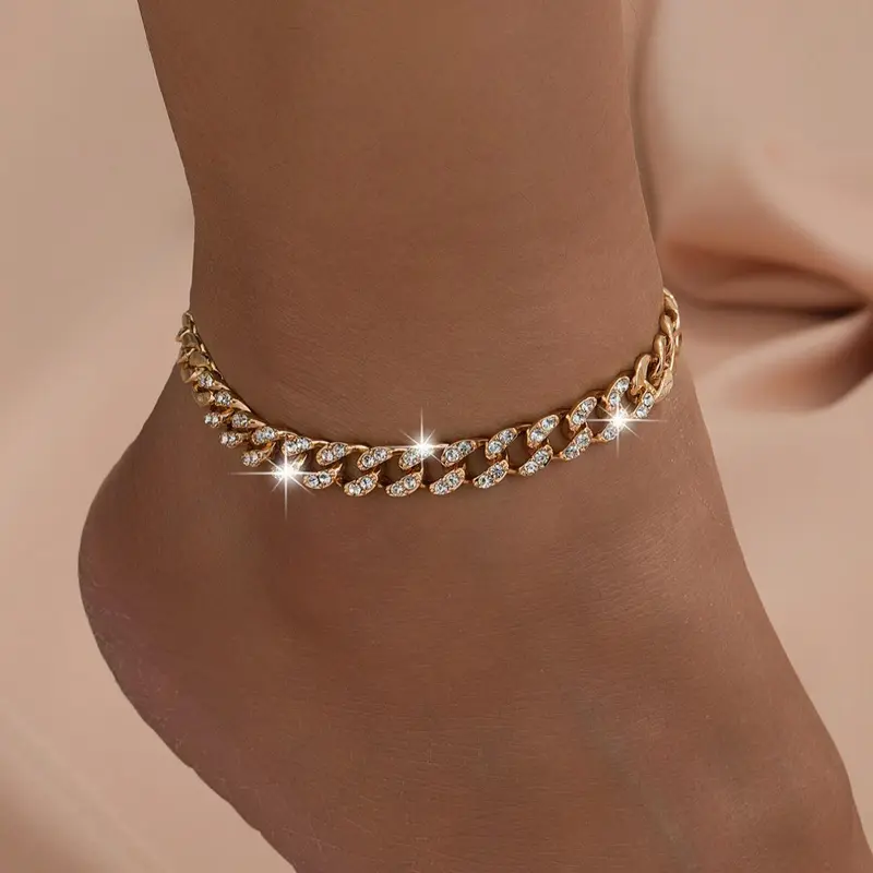 【Black Friday】Elegant Adjustable Cuban Link Anklet with Rhinestone Accents, Trendy Fashion Jewelry, Birthday Gift for Women
