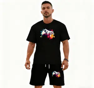 Colorful Game Controller Men's 2 Piece Outfit Matching Set with Casual Shorts and Tee for Vacation, Beach Days, Gym or Relaxation Fabric Menswear