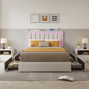 Queen Bed Frame with RGB LED Lights - Upholstered Headboard, Wood Slatted Support, Built-in Charging Station, No Box Spring, Easy Assembly, Beige