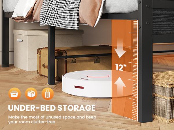 Bed Frames with Charging Station and LED Lights, Wood Headboard with 2 Fabric Drawers and Storage Shelves, Twin Size Platform Bed with Metal Slats, No Box Spring Needed