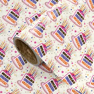 Birthday Cake Star Gift Wrapping Paper, Ivory Base Colorful Design, 43cmx300cm, Ideal for Birthday Gifts, Festive Handmade Crafts