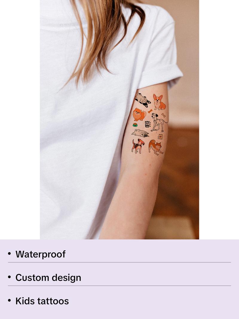Mini dogs (L-62). Temporary tattoos. Party tattoos. Kids tattoos. Custom design. Tattoo sets. Ukrainian. Realistic. Waterproof