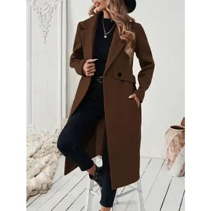 Halloween Women’s Camel Wool Blend Coat with Notched Collar and Belt, Long Double-Breasted Pea Coat for Fall