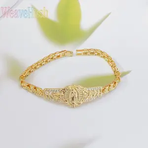 Hot Sale Copper Golden Tone Hollow Flower Virgin Mary Bracelet with Geometric Watch Chain for Sports & Outdoor, Indoor Leisure Recreation, Golden Tone Bracelet