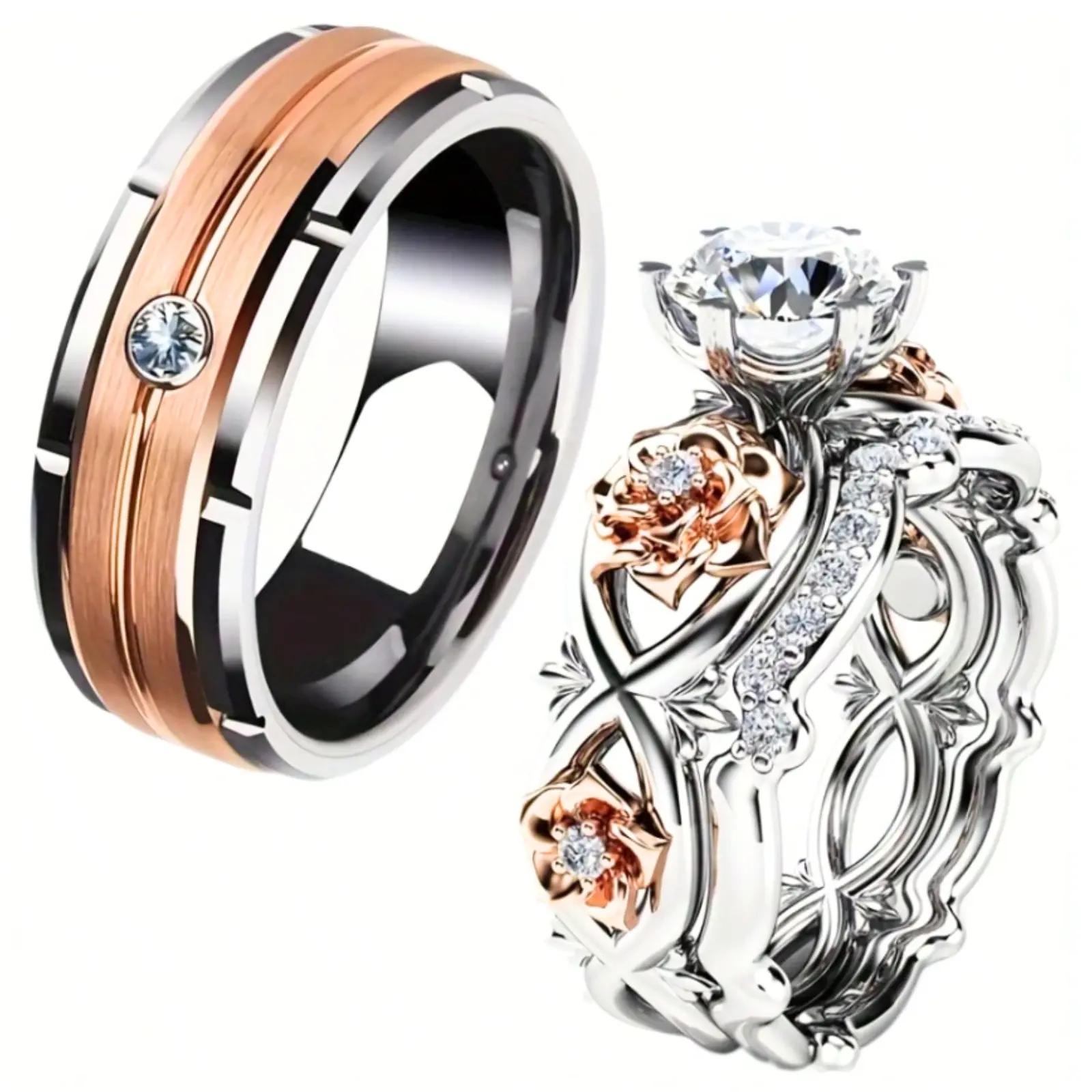 Round ring for men and 2 stone and rose wedding engagement rings for women, surprise jewelry gift for anniversary and Christmas, Valentine's Day, party