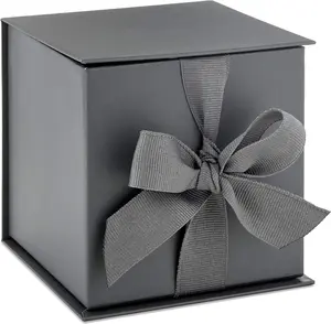 Small Gift Box with Bow and Shredded Paper Fill (Gray 4 inch Gift Box) for Weddings, Graduations, Birthdays, Father's Day, Groomsmen Gifts, All...