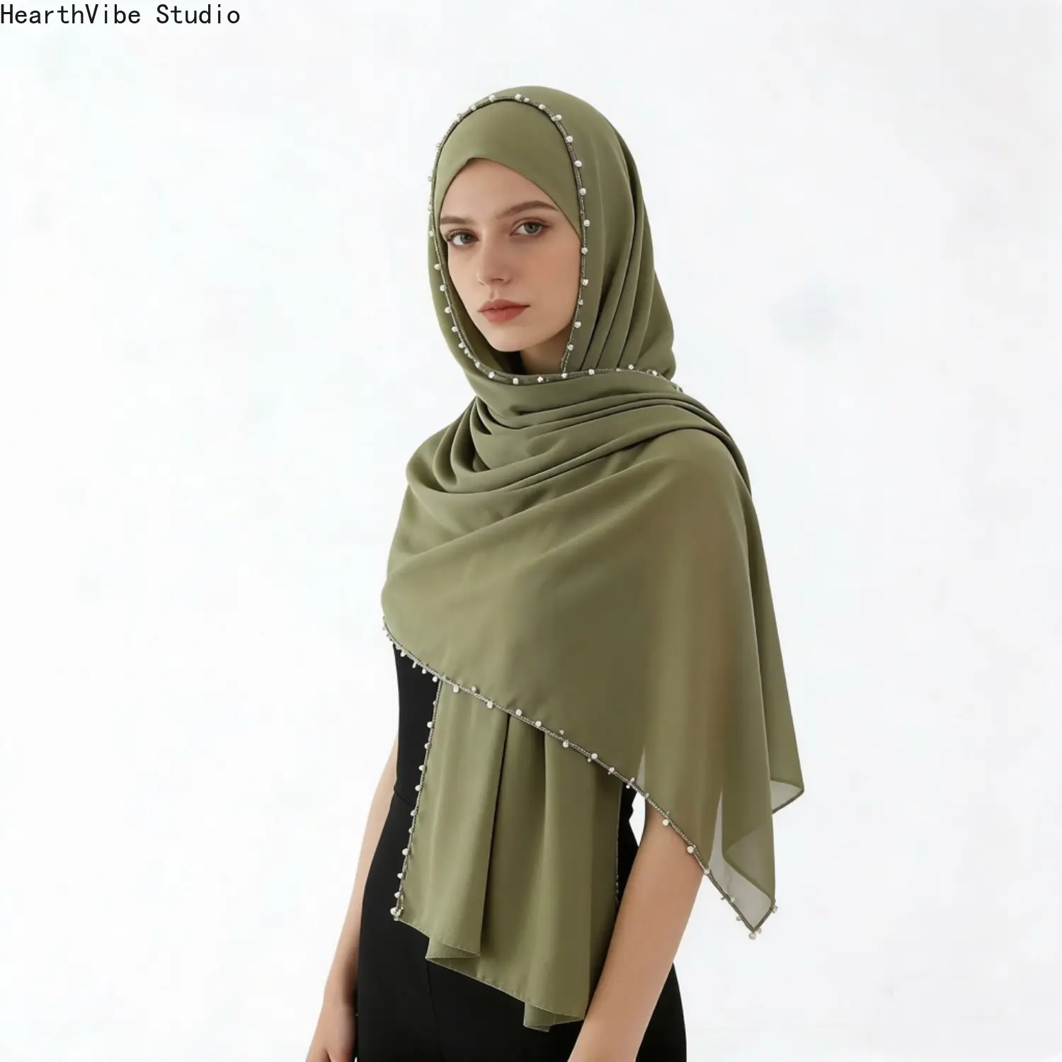 Women's Solid Color Chiffon Sporty Headband - Elegant, Simple, Breathable, Sunscreen Shawl with Pearl Accents, Ideal for Ramadan, Hijab-Style Sports & Outdoor Accessory, Sporty Sports Headbands