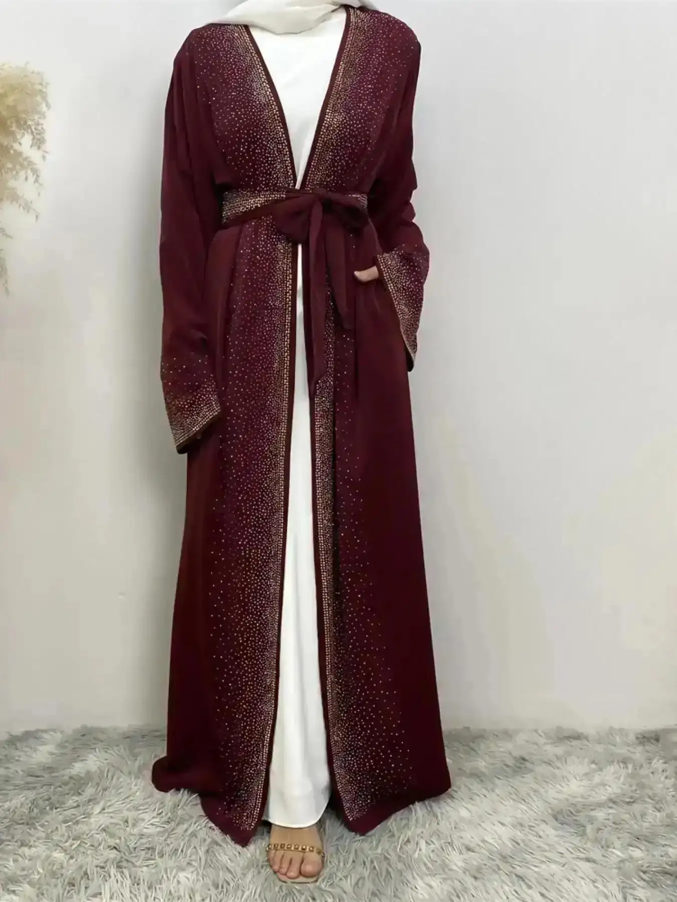 Vogue 2026 Women's Rhinestone Decor Belted Abaya, Modest Long Sleeve Open Front for Daily Wear, Islamic Clothing Spring & Fall, Clothes, Cozy Style, Warm Layer, Soft Touch, Knitted Chic, Evening Style, Workplace Chic