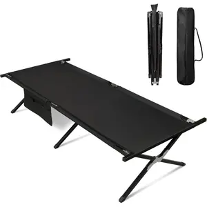 Portable Foldable Military Camping Cot for Adults, Camping Sleeping Cot with Carry Bag & Side Pocket, Supports Up to 300Lbs, Black for Outdoor Camping Hiking Travel
