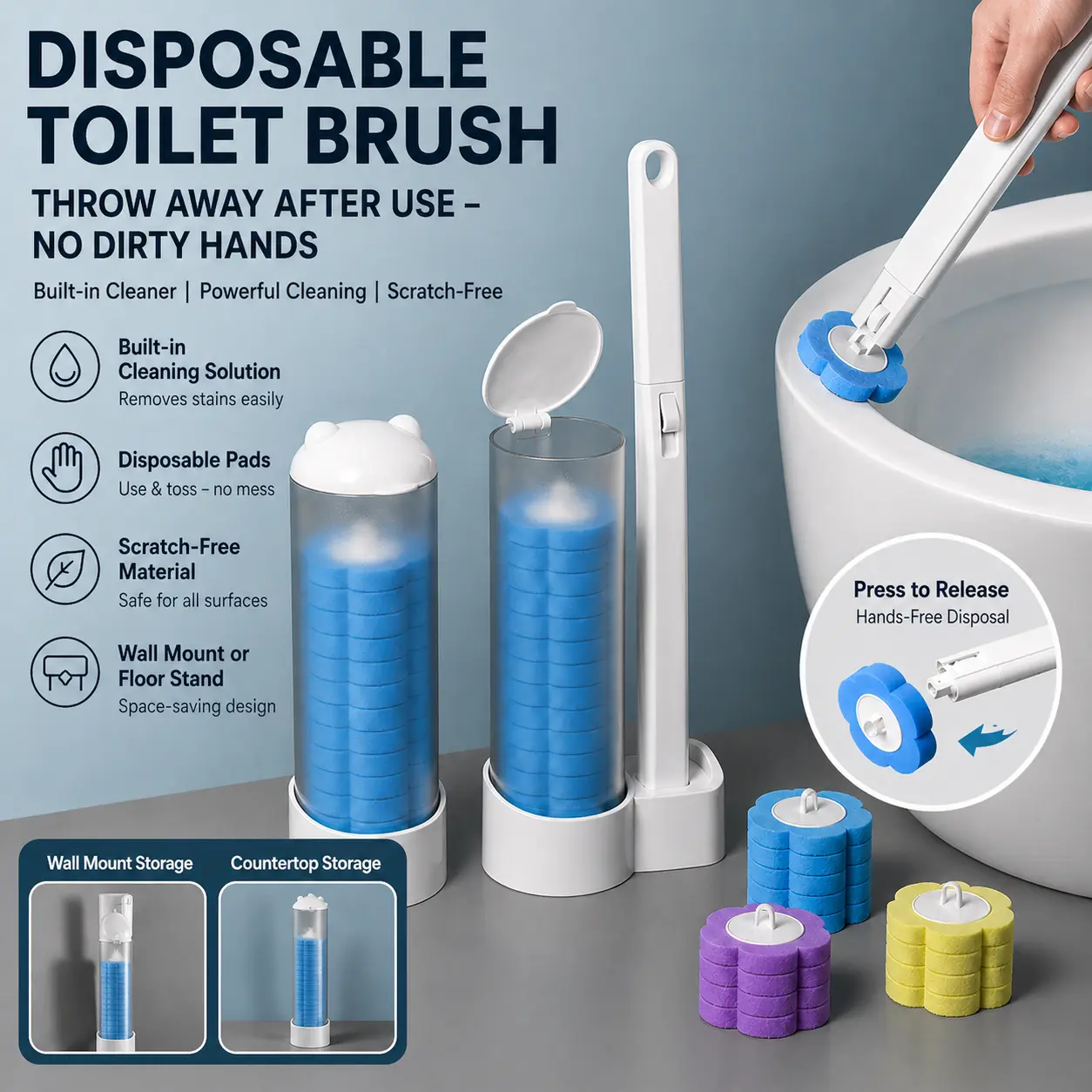 48Pcs Disposable Long Handle Toilet Brush & Holder Box Set - 24 Cleaner Refills (Last 2 Brush Heads Only), Bathroom Accessory Kit, Wall-Mount Complete Bathroom Cleaning System for Toilet Bowl, Sink