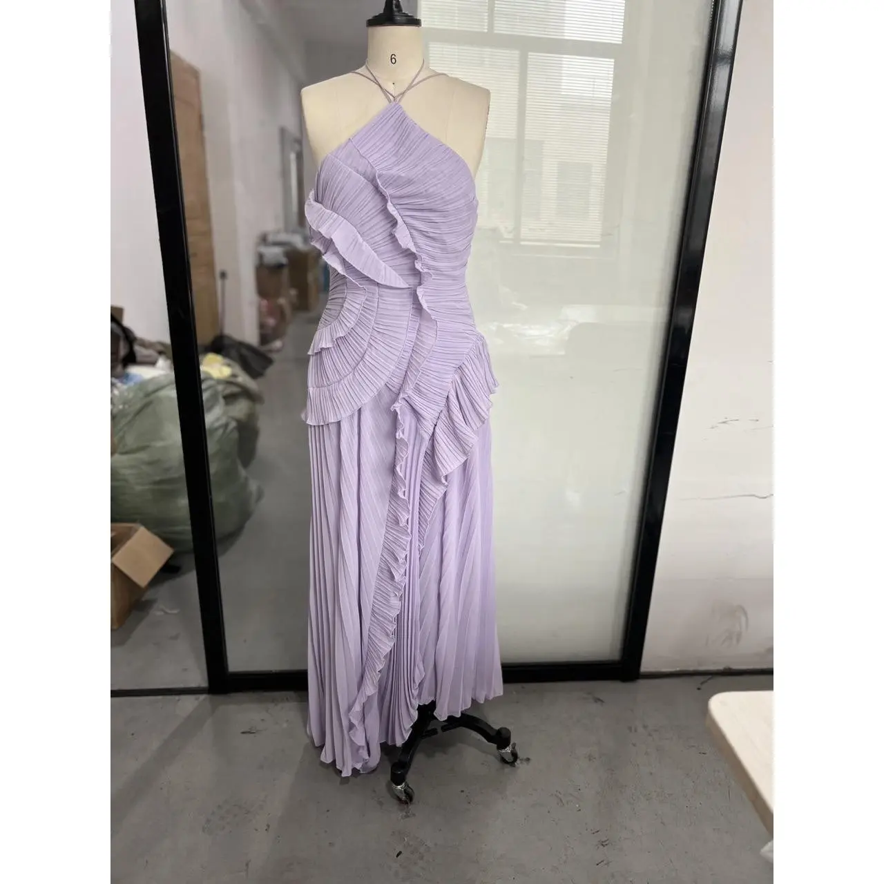 Ruffle pleated halter top dress   purple