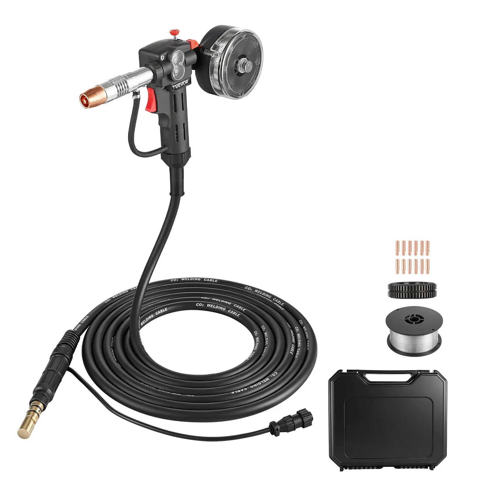【Father's Day Gift】VEVOR 150Amp Spool Gun with 20 Ft / 6 M Cable, Miller Spoolmate 150 Replacement - Copper, 0.03"-0.035" Knurled Single V-Groove Drive Roll, 13 Lbs / 5.8Kg, 11PCS MIG Welding Contact Tips, ER4043 0.035" Aluminum MIG Wire & Toolbox, 150 Am