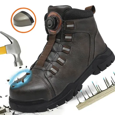 HELLO MRLIN Men's High-Top Suede Safety Boots - Worker Steel Toe Trainers with Suede Upper, Puncture-Proof Slip-Grip Sole, Lightweight Closed Round-Toe All Season Construction Footwear