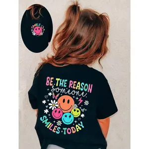 Baby Girl Casual Comfortable Fashion Minimalist Smiling Face & Letter Print Short Sleeve T-Shirt, Spring & Summer