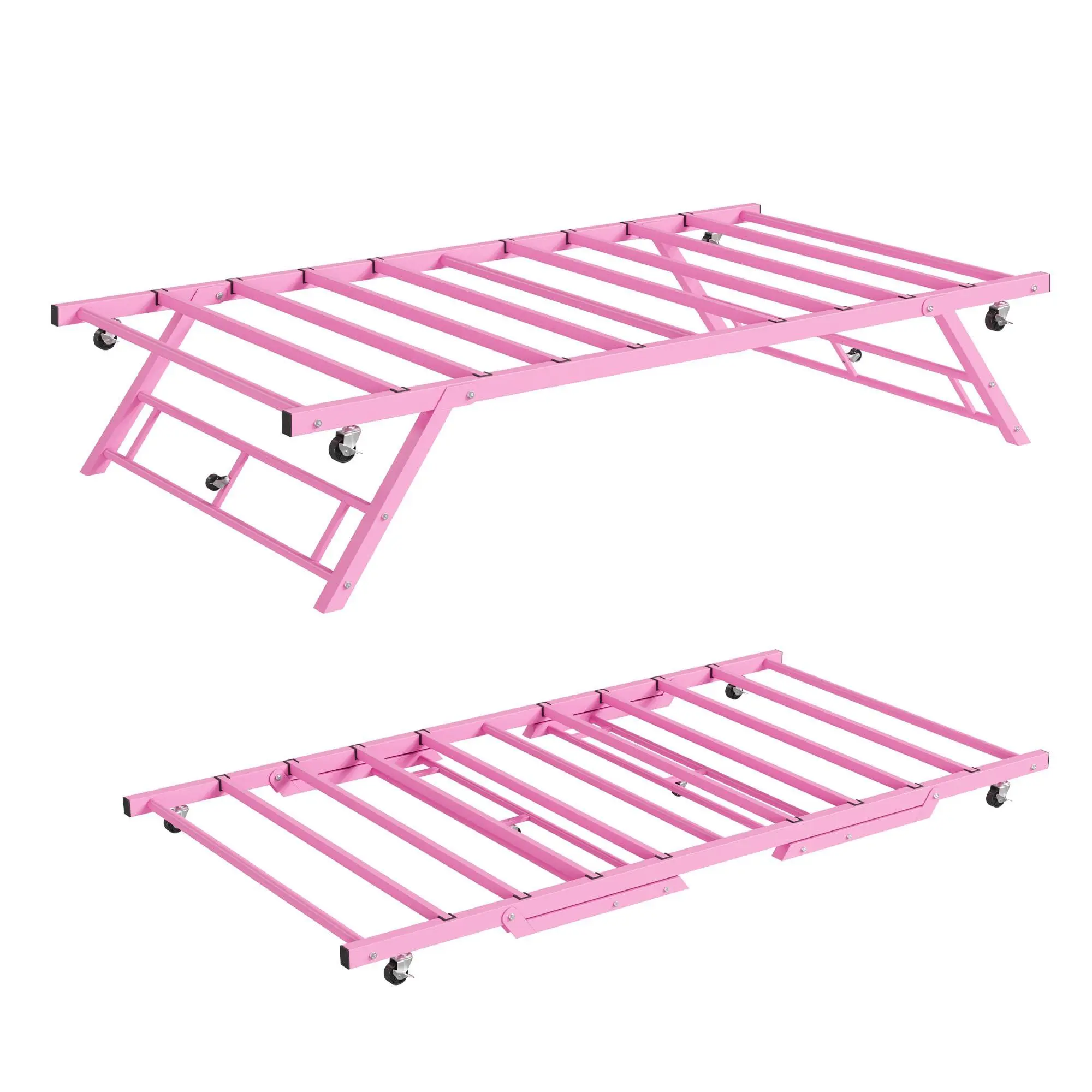 Twin Pop Up Trundle Bed Frame with Lockable Casters, Foldable Metal Platform for Guest Room Sleepover and Living Room, Pink