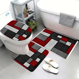 2D Flat 3pcs Mondrian Style Flannel NonSlip Toilet Mat Set, Super Absorbent, Washable Bath Rugs, Decorative Home Carpet, Bathroom Floor Mats, Kitchen Decor 185, 2D Flat