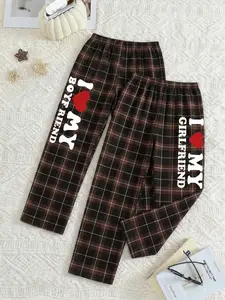 Trending Couples Matching Red Black Plaid Pajama Pants "I Love My Boyfriend Girlfriend" Soft Breathable Cotton Loungewear Comfy Casual Sleep Bottoms for Valentines Day Anniversary Gift Cute Aesthetic Nightwear for Him and Her