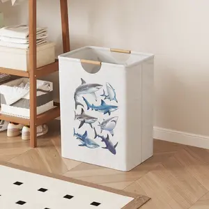 Shark Pattern Print Open Storage Box, Foldable Laundry Basket with Handle, Home Bathroom Collapsible Clothes Organizer Bucket