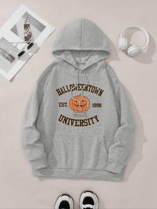 women's cartoon pumpkin & letter print drop shoulder hoodie, fashion casual drawstring pocket hooded sweatshirt for daily holiday outdoor wear, ladies clothes for spring & fall, cute cozy sweatshirt