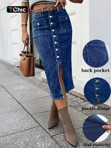 Women's High Elastic Dark Wash Denim Half Skirt with Button Closure, Stylish Casual Wear, Perfect for Daily, Comfortable and Trendy