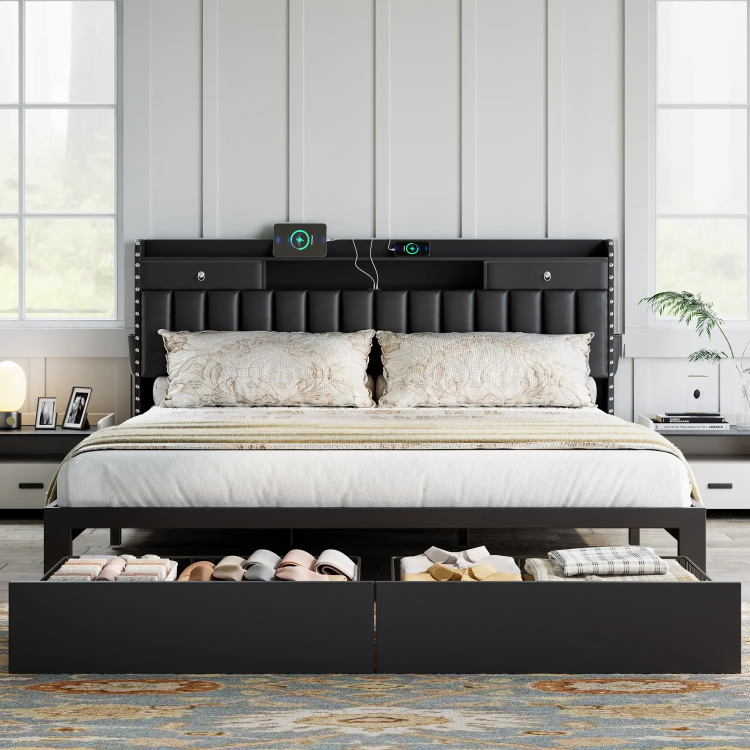 [Summerwins] TryLazy  Bed Frame with 4 Storage Drawers No MATTRESS Queen Size  No Noise No Box Spring Needed White Rivet Design USB Socket,