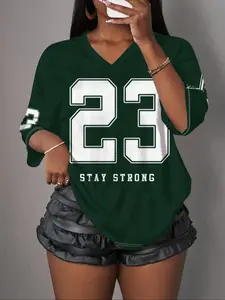 Women's Y2K Vintage Mesh Breathable Sports Top, Athletic Sports Clothing, V Neck Digital Print T-Shirt, Street Style Hot Girl Music Festival Casual Fashion