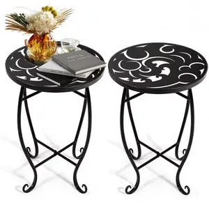 2 Pack Indoor Outdoor Side Tables, 15-Inch High Versatile Round Metal End Table for Patio, Balcony, Yard