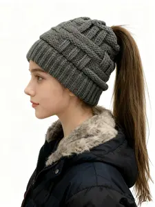 Women's Winter Ponytail Hat, Knitted Winter Hat, Deep Thick Knit Effect, Warm for Cold Weather, Fashionable Headwear for Daily Wear