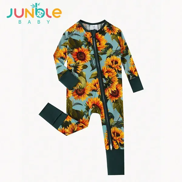JUNBLEBABY Infant Sunflower Print Bamboo Bodysuit Romper, Sleepsuit Pajamas with Convertible Footies & 2-Way Zipper, Infant Bodysuit, Bodysuit Romper Pants