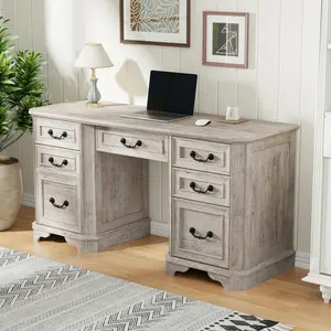 REDLEMON Victorian Office Desk with Drawers – Executive Desk with File Cabinet Storage and Cable Management, Keyboard Tray, Available in Select Antique Wood Finishes, Computer Desk for Home Office/Study Room