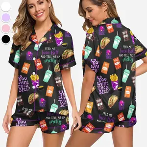 Taco Bell Pajama Set for Women Print Comfy Satin Sleepwear Lounge Set, Short Sleeve Satin Pajamas, Summer Sleepwear Set, Pajama Sets Women, Comfortable Sleeping Clothes, short sleeve top and shorts, soft silky loungewear, cute food print pajamas