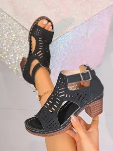 2026 New Hollow Out High Top Sandals for Women, Thick Heel Zipper, Office Commute, Lightweight Breathable Comfort Daily Wear Shoes
