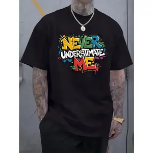 Men's Motivational 'Never Underestimate Me' Graffiti Print T-Shirt- Light Gray Regular Fit Casual Short Sleeve Summer Top, Motivational Gear| Casual Style T-Shirt