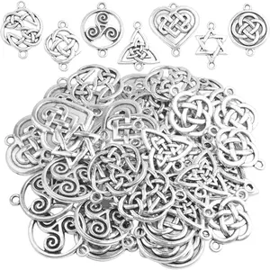 42pcs Celtic Knot Charms Irish Traditional Pendants Tibetan Alloy Flower Triangle Heart Knot Links Good Luck Chinese Knot Connectors for DIY Jewelry Making Bracelet, 7 Styles,Antique Silver