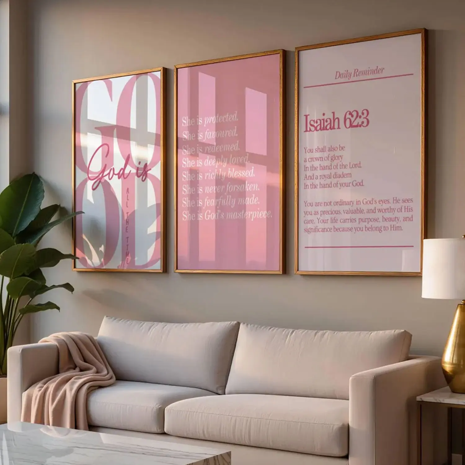 Modern Christian Art Set of 3, Pink Bible Verse Print, Isaiah 62:3 Scripture Home Decor, Christian Girl Wall Art, God is Good (NO FRAME)