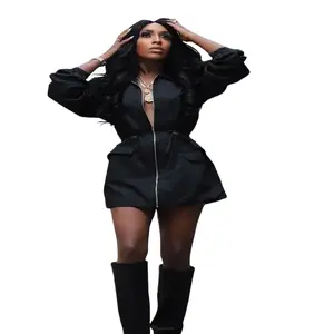 Women's Solid Color Drawstring Waist Zip Up Trench Coat Fitted Long Sleeve Collared Dress for Fall Winter Casual Daily Wear Jackets