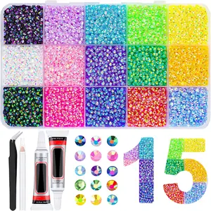 15 Color 20000Pcs Jelly Rhinestones Bedazzling Kit, 3mm Multicolor Resin Flatback Gems with Tweezers Pick-Up Pen for DIY Craft Apparel Nail Art Phone Case, 3mm Flatback Rainbow Gems with 2 Pcs Jewelry Glue & Rhinestone Picker for Clothes Shoes Nail Art